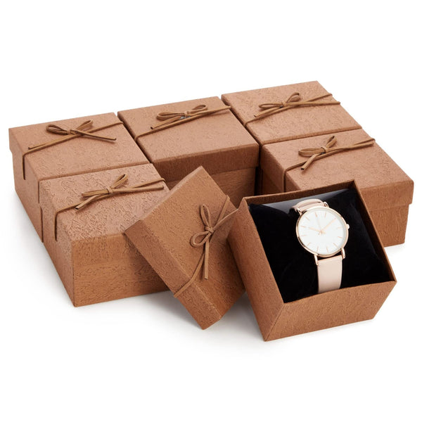 Juvale Bracelet Gift Box 6-Pack - 3.5 x 3.5 x 2.3 in, Brown Country-Rustic Cardboard - Velvet Pillow & Faux Leather Bow Lid - Tiny Jewelry Gift