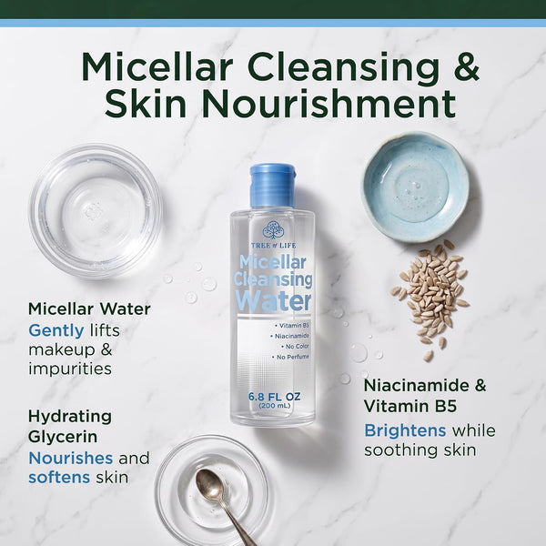 Tree of Life Beauty Micellar Cleansing Water (6.8Fl Oz) - Micellar Water Makeup Remover with Niacinamide, Vitamin B5, Glycerin - Eye Makeup