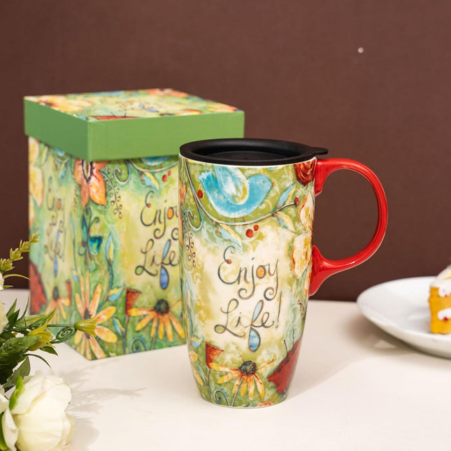 CEDAR HOME Coffee Ceramic Mug Porcelain Latte Tea Cup with Lid 17Oz. Enjoy Life
