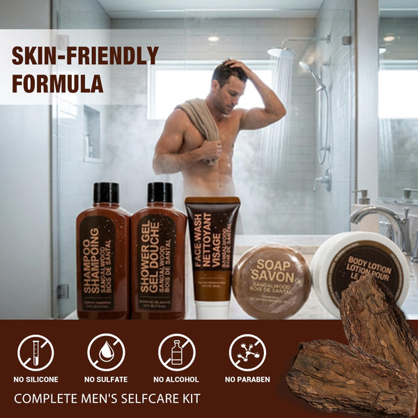 Gifts for Men 6pcs Sandalwood Gift Set Travel Size Toiletry with Shampoo, Body Lotion, Mens Gift Birthday Anniversary Gift Sets for Men, Christmas