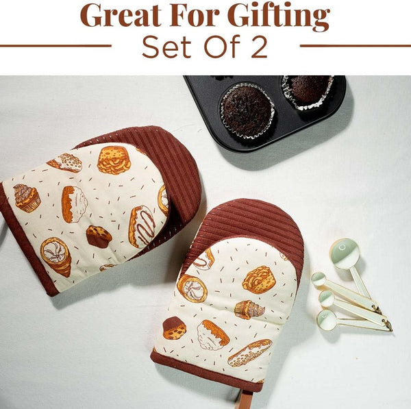 Folkulture Mini Oven Mitts Heat Resistant | (5.75 x 9) Set of 2 Short Oven Mitts with Hanging Loop | 100% Cotton Oven Gloves or Kitchen Mittens |