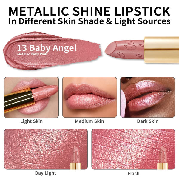 Oulac Light Pink Lipstick for Women with Metallic 3D Shine Lightweight Hydrating Formula, High Impact Lip Color, Vegan Beauty, Full Coverage Lip