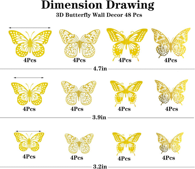 3D Butterfly Wall Decor 48 Pcs - 4 Styles & 3 Sizes, Removable Wall Stickers for Birthday, Party, Wedding Decorations & 