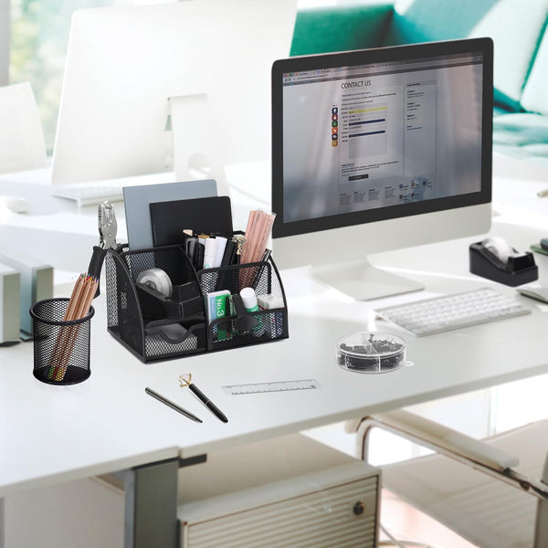 SYMDROMIA 13-in-1 Office Desk Organizer Set with Stapler and Tape Dispenser, Pen Holder, Scissors, Ruler, Hole Punch, 2 Pens & More Desktop