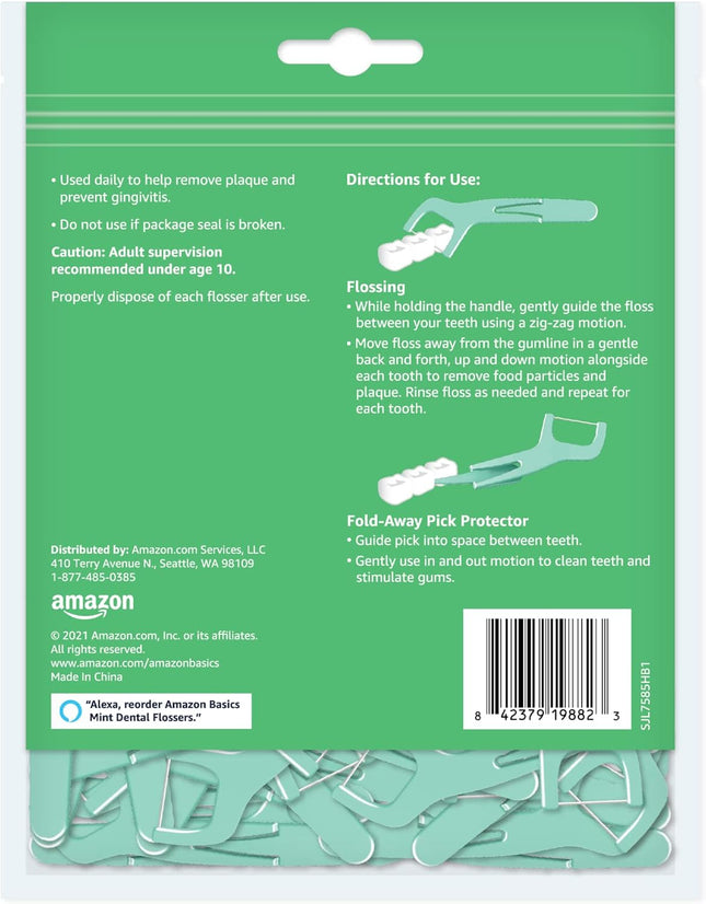 Amazon Basics Mint Dental Flossers, Shred Resistant, Slides Easily Between Teeth, with Fold-Away Pick, 90 Count, 1-Pack (Previously Solimo) 90