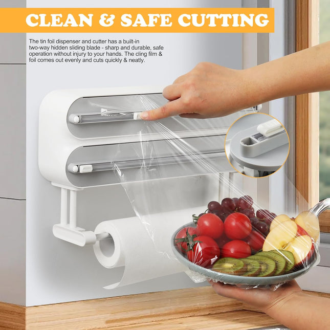 Magnetic Plastic Wrap Dispenser with Cutter - Refillable Aluminum Tin Foil and Plastic Wrap Organizer for Kitchen, Quasz