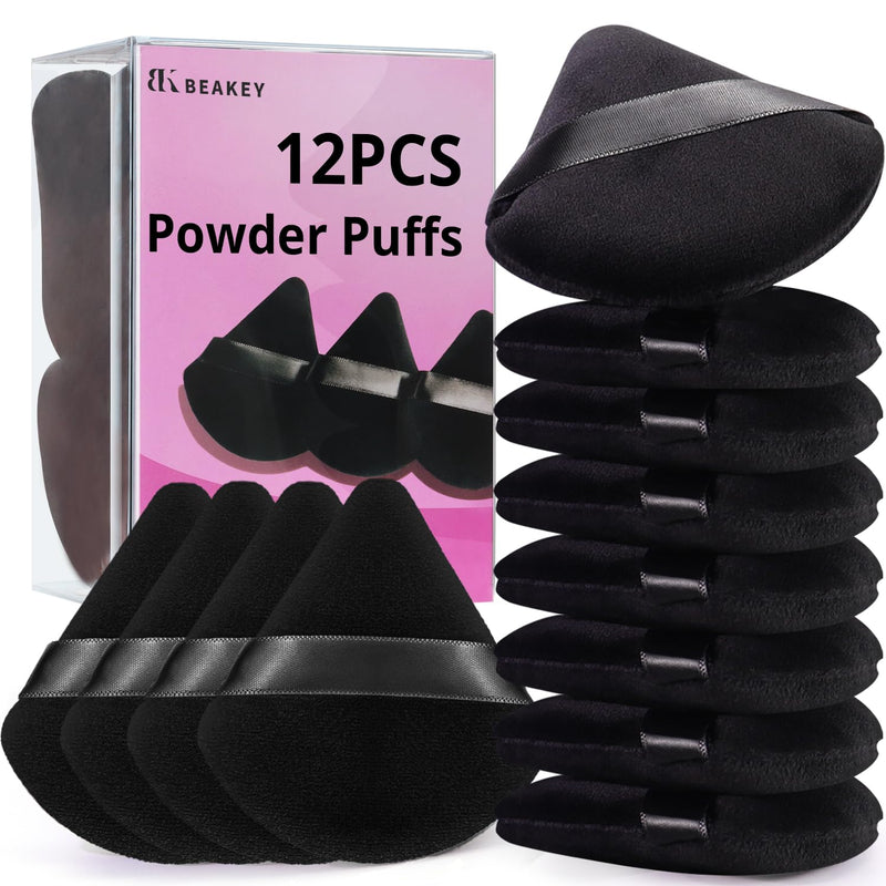 BEAKEY Powder Puff, 12pcs Face Triangle Powder Puffs for Loose & Foundation | Black Velvet Makeup Puff for Contouring & Baking, Ultra-soft Cloud