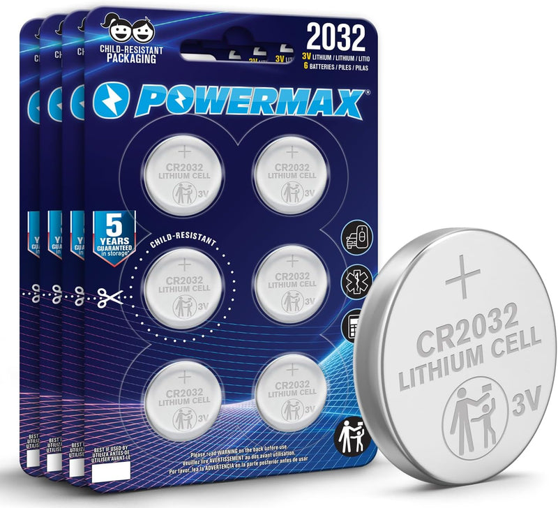 Powermax 24-Count CR2032 Batteries, Lithium 3V Coin Cell Button Battery Pack for Watch and Small Electronics, 5 Year Shelf Life