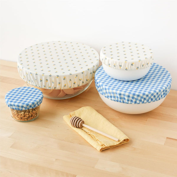 Esembly Bowl Caps - Reusable Bowl Covers in Pack of 4 - Waterproof, Washable Lids for Leftover Food, Fruits and Snacks - Buds + Gingham, 4-Pack
