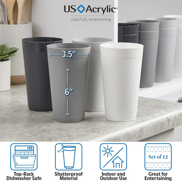 US Acrylic Newport 20 Ounce Unbreakable Plastic Stackable Water Tumblers in Grey Stone | Set of 12 Drinking Cups | Reusable, Bpa-Free, Made in the