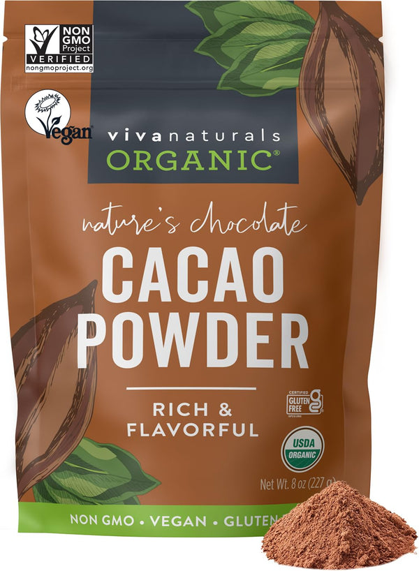 Organic Cacao Powder, Unsweetened, 8 oz (227 g) – Rich Dark Chocolate Flavor, Perfect for Baking, Smoothies & Hot Chocolate – Vegan, Keto, Paleo,