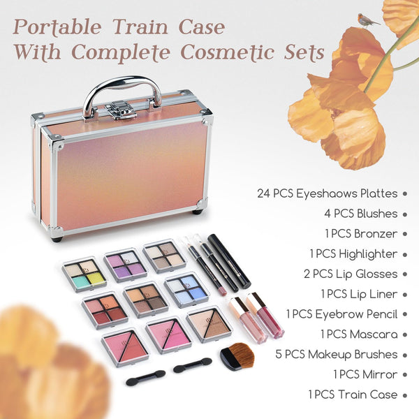 Color Nymph Beginner Makeup Kits for Teens with Train Case Included Full Makeup Kit Eyeshadow Palette Blushes Bronzer Highlighter Lipstick Brushes
