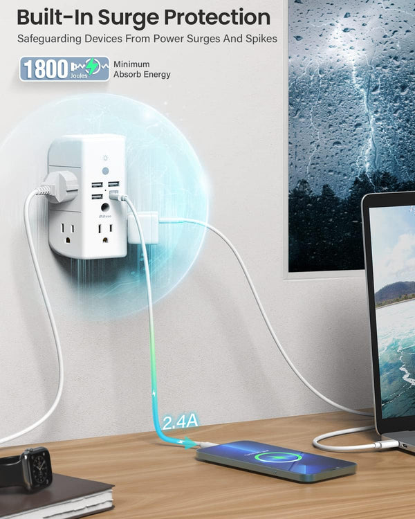 Wall Outlet Extender with Shelf and Night Light,Surge Protector,Usb Wall Charger with 5 AC Outlets and 3 USB Ports 1 USB C Outlet Wide Space