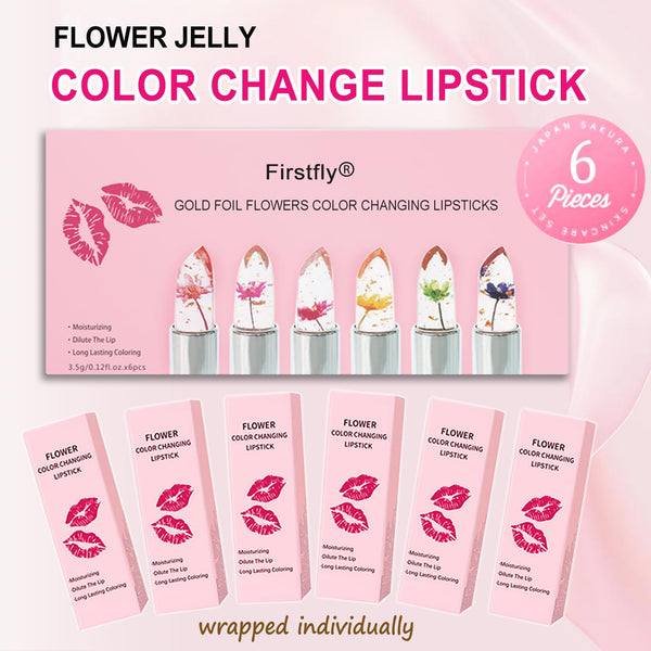 Firstfly Pack of 6 Crystal Flower Jelly Lipstick, Long Lasting Nutritious Lip Balm Lips Moisturizer Magic Temperature Color Change Lip Gloss (Pink)