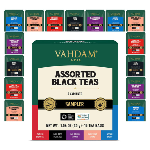 VAHDAM Assorted Black Tea Bag Sampler(5 Flavors, 15 Pyramid Teabag)Tea Gift Black Tea Assortment 20 Count (Pack of 1)