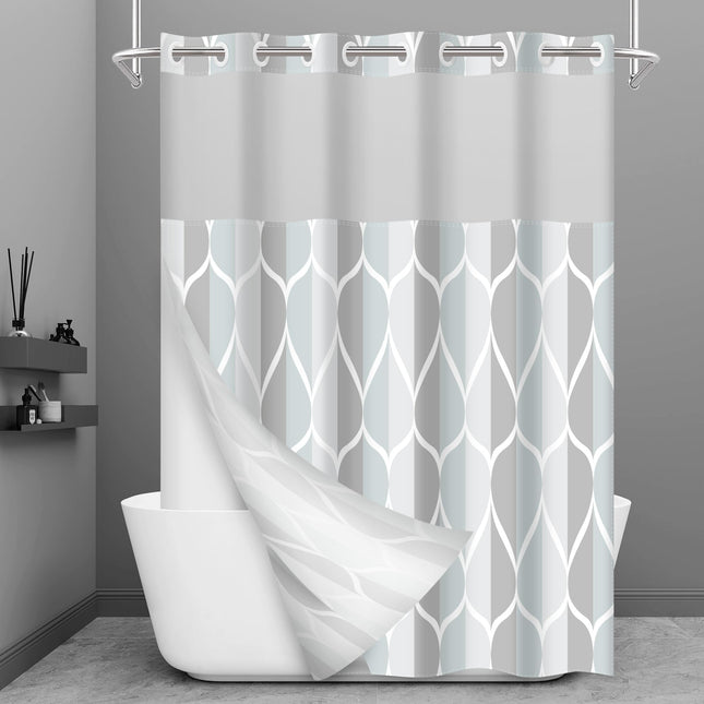 No Hook Grey Shower Curtain with Snap in Fabric Liner Set - Hotel Style with See