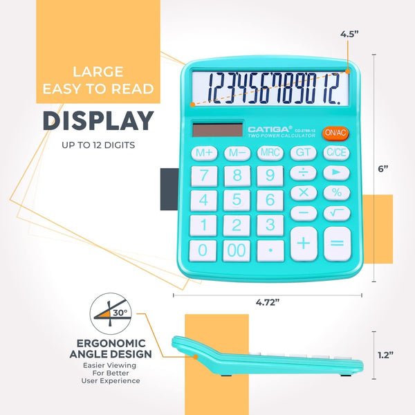 CATIGA Desktop Calculator 12 Digit with Large LCD Display and Sensitive Button, Solar and Battery Dual Power, Standard Function for Office, Home,