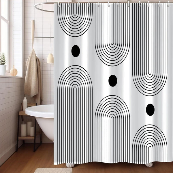 White and Black Shower Curtain, Boho Minimalist Mid Century Modern Arch Geometric Machine Washable Waterproof Fabric for Bathroom Bathtub Decor