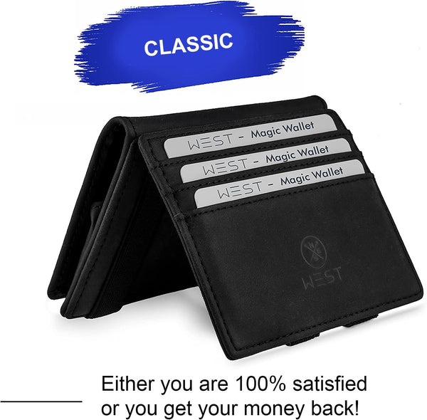 West - RFID Wallet with Coin Pouch + Gift Packaging - Compact & Small Magic Money Wallet - Extra Strong Money Bands
