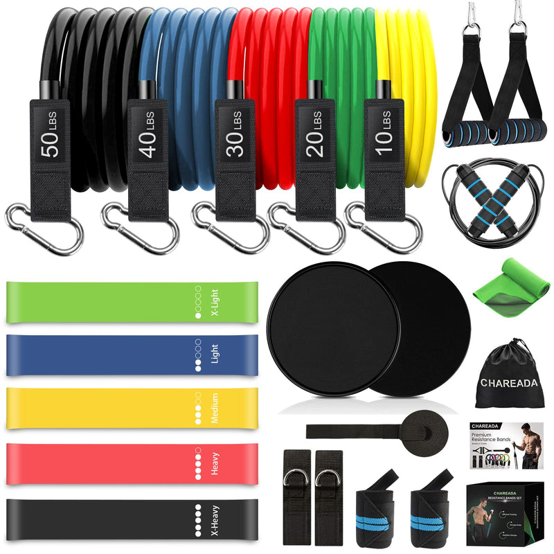 23 Pack Resistance Bands Set Workout Bands, 5 Stackable Exercise Bands 5 Loop Resistance Bands 2 Core Sliders, Door Anchor Handles Ankle Straps