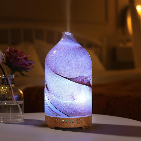 Essential Oil Diffuser Hand Blown Glass Aromatherapy Diffuser - Ultrasonic Cool Mist Scent Aroma Diffuser, Whisper Quiet with Auto Shut-Off, Timer