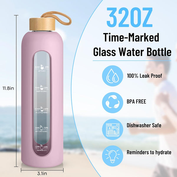 Sursip 32 Oz Glass Water Bottle with Time Marker,1 Liter Bpa-Free Reusable Motivational Water Bottle with Non-Slip Silicone Sleeve and Bamboo Lid,