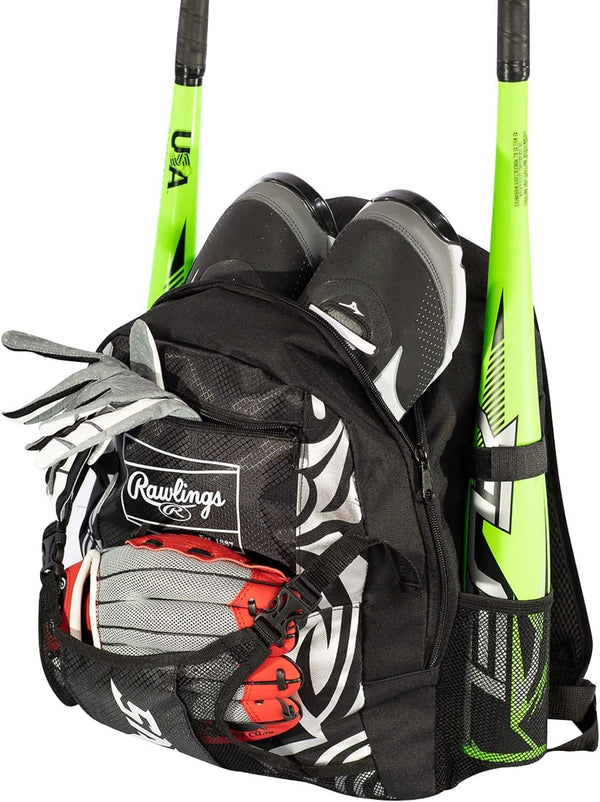 Rawlings | SAVAGE Backpack Equipment Bag | T-Ball/Youth Baseball & Softball | Multiple Styles Black / Silver