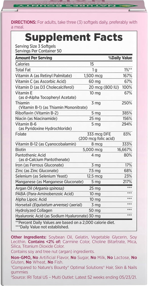 Nature'S Bounty Advanced Hair, Skin & Nails, Argan-Infused Vitamin Supplement with Biotin and Hyaluronic Acid, 150 Rapid Release Softgels, 50