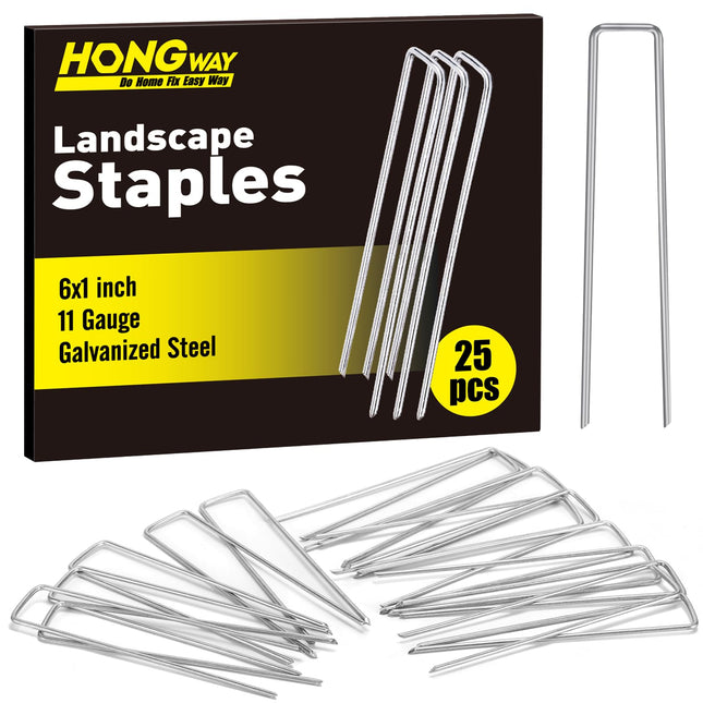 Hongway 6 Inch 25Pcs Landscape Staples, 11 Gauge Galvanized Garden Stakes and U-Shaped Pins for Landscaping Fabric Weed 