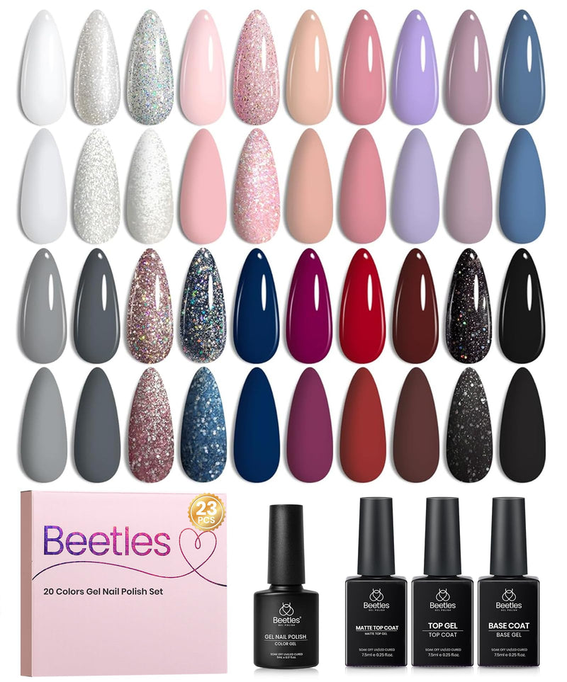 Beetles Gel Nail Polish Set, Nude Gray Pink Blue Burgundy Glitter Gel Nails | Modern Muse Collection with 3Pcs Base Matte Glossy Top Coat Soak Off