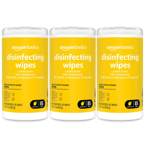 Amazon Basics Disinfecting Wipes, Lemon Scent, for Sanitizing, Cleaning & Deodorizing, 255 Count (3 Packs of 85)