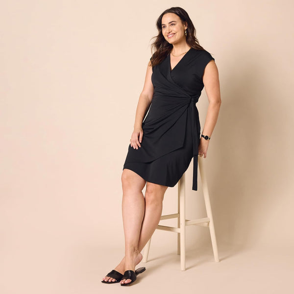 Amazon Essentials Women's Classic Cap Sleeve Wrap Dress with V Neck (Available in Plus Size) Large Black