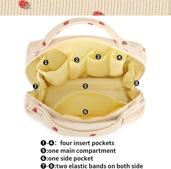 Bluboon Makeup Bag Zipper Pouch Travel Toiletry Bag Portable Cosmetic Bag Organizer for Women and Girls(Strawberry Corduroy Beige)