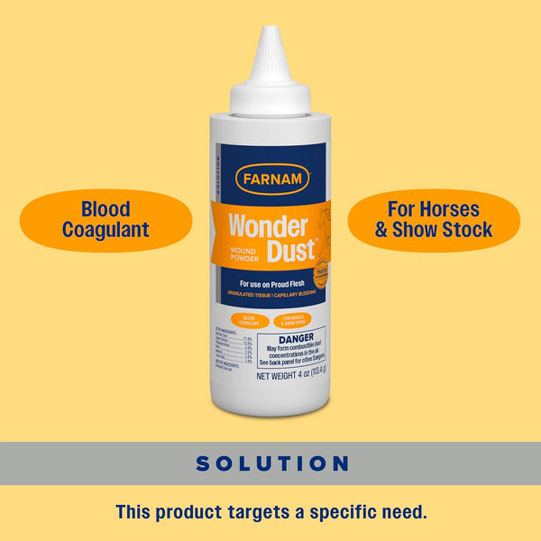 Farnam Wonder Dust Wound Powder, Blood Coagulant for Horses and Show Stock, For Use on Proud Flesh, Granulated Tissue, Stop Bleeding, 4 Ounces