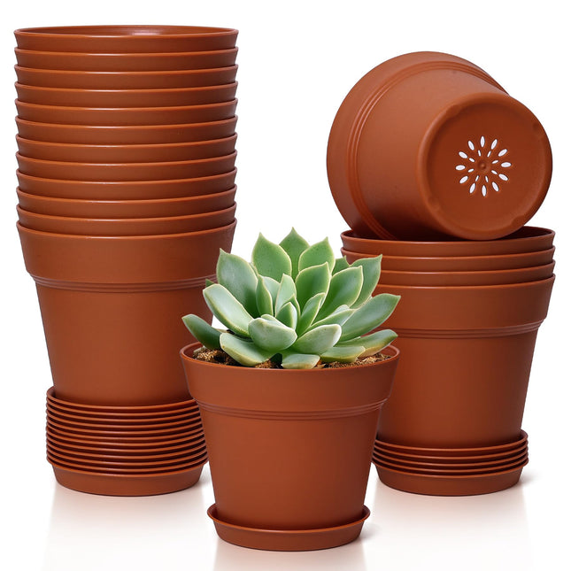 T4U 4 Inch Plant Pots 18-Pack, Small Flower Pots with Saucer and Drainage Hole, Durable Plastic Pots, Nursery Small Flow