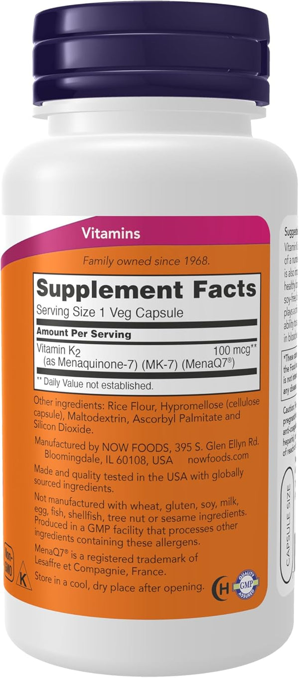 NOW Supplements, MK-7 Vitamin K-2 100 mcg, 120 Veg Caps 120 Count (Pack of 1)