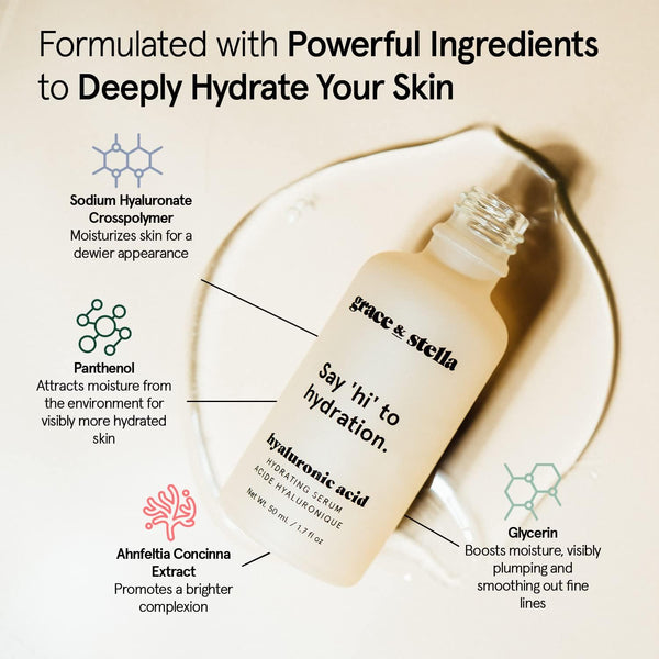 grace & stella Award Winning Hyaluronic Acid Serum (50ml/1.7 fl oz) Hydrating Hyaluronic Acid Serum for Face - Acido Hialuronico for Women -
