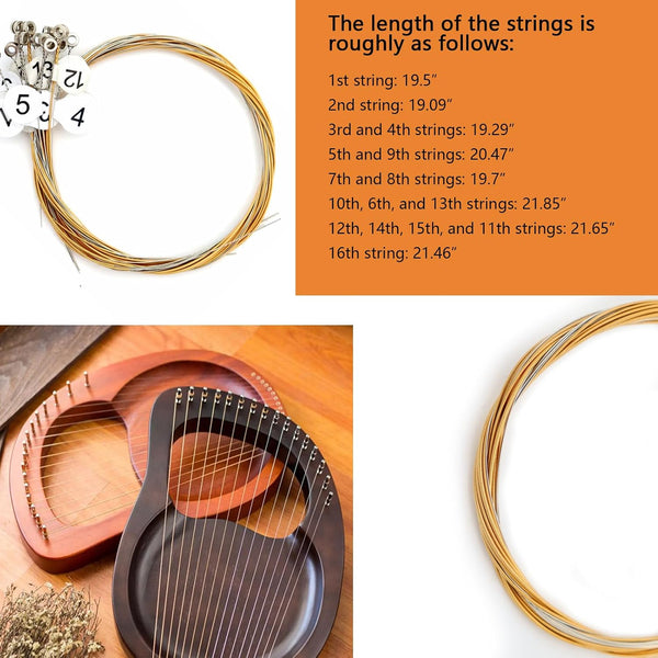 16pcs Gold Tuning Pin with L-shape Wrench Gooseneck Hammer Lever | With Dust-free Cloth,Widely for Lyre Harp, Zithers, Harpsichord Dulcimer, and