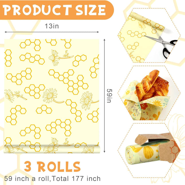 3 Rolls Reusable Beeswax Food Wraps 13'' X 59'' Eco Friendly Sustainable Beeswax Food Storage Wrap Honeycomb Floral Orga