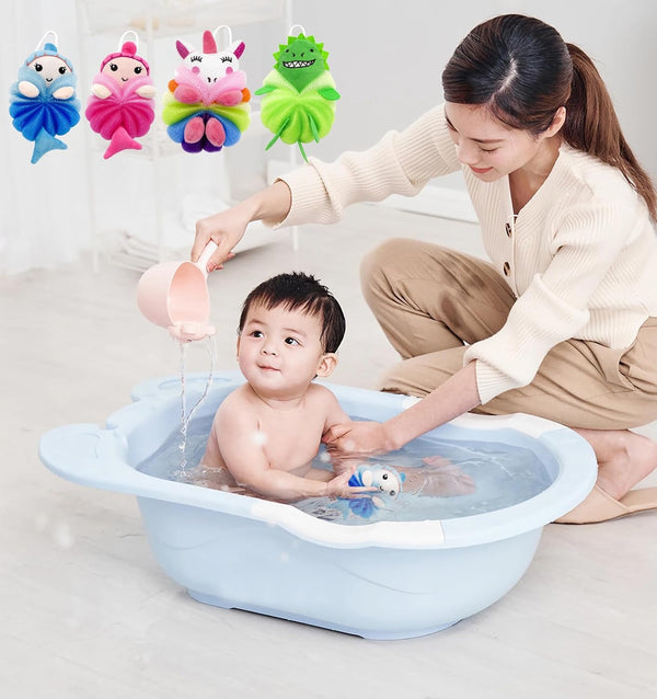 MURRI&MURRDI 4 Pcs Bath Loofah for Kids Bath Sponge, Lovely Animal Body Scrubber Kids Toddler Body Loofah Cute Cartoon Kids Bath Pouf Mesh Loofah