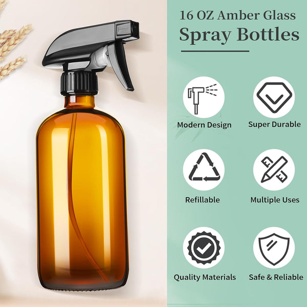 GIVAMEIHF 16oz Amber Glass Spray Bottles,2 Pack Glass Spray Bottles Refillable Empty Bottle with Adjustable Nozzle,Spray Bottle for Essential