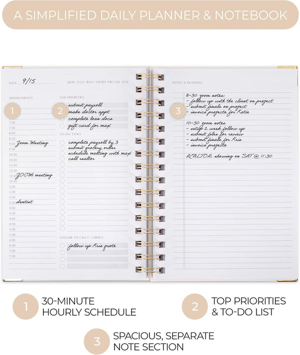 ZICOTO Aesthetic Daily Planner And Notebook With Hourly Schedule - Beautiful Spiral To do List Notepad For Work/Home to Organize Tasks And