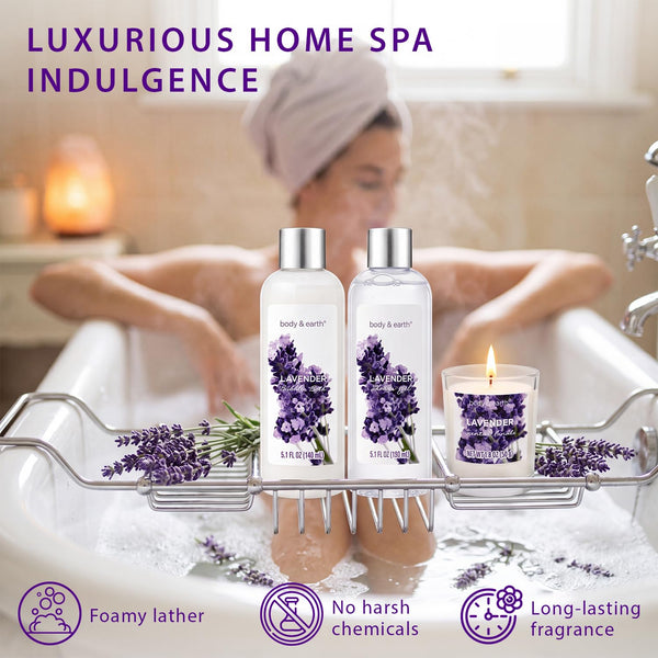 Gift Set for Women Body & Earth Spa Gifts Set Lavender Gift Baskets for Women Bath Sets with Bubble Bath Body Lotion Scented Candle Christmas
