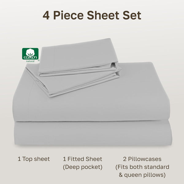 Natural 100% Cotton Queen Sheets Set, Soft, Durable Sateen, Light Grey | Good Housekeeping Seal, Lightweight, Breathable, For Hot Sleepers, 4pc