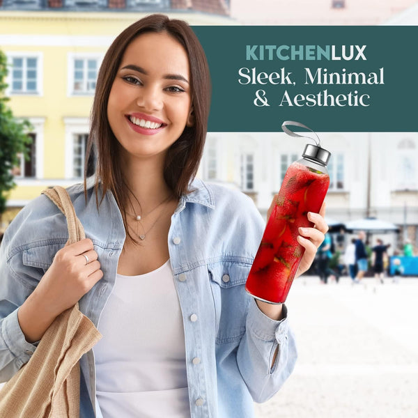 Kitchen Lux 16 Ounce Glass Water Bottles, Reusable Water Bottles with Airtight, Pack of 6, Stainless Steel Lids Carrying Strap And Nylon Water