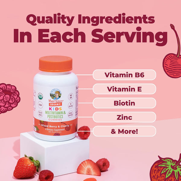 Maryruth Organics Kids Vitamins | USDA Organic | Multivitamin Gummies + Postbiotics for Ages 4+ | Lactobacillus Rhamnosus | Vegan | Non-Gmo | 60 Count