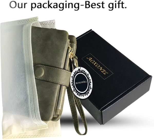 AOXONEL Women's Small Bifold Leather wallet Rfid blocking Ladies Wristlet with Card holder id window Coin Purse Small Army Green