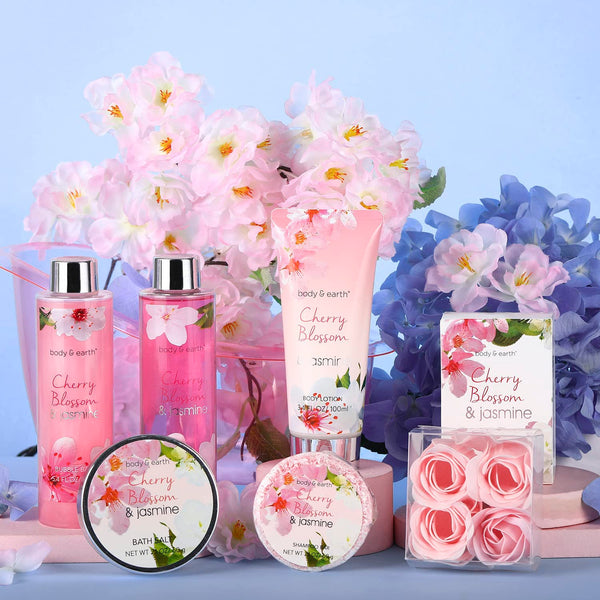 Body & Earth Gift Baskets for Women Bath and Body Set for Her, Cherry Blossom & Jasmine Spa Gifts for Women , Birthday, Mother's Day Gifts for