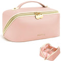 Prite Makeup Bag for Women Travel Waterproof Vegan Leather Cosmetic Bag Open Flat Toiletry Bag with Clear Divider and Handle (Large Pink)