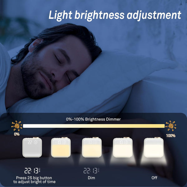 AIRIVO Alarm Clock Night Lights, Built-in Battery Alarm Clock for Bedrooms, 6 Scenes & White Noise Sync, Dual Alarms & Snooze, for Heavy Sleepers,